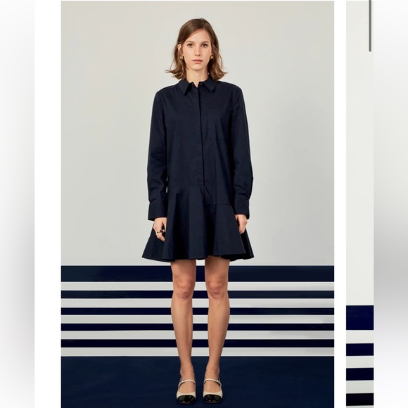English Factory Dresses & Skirts - English Factory Collar Flare Skirt Dress Navy Blue Long Sleeve Dress 2X